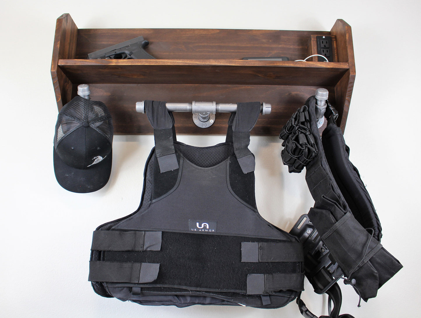 Large Duty and Tactical Gear Rack Double Belt Hanger with USB/120v Power Strip