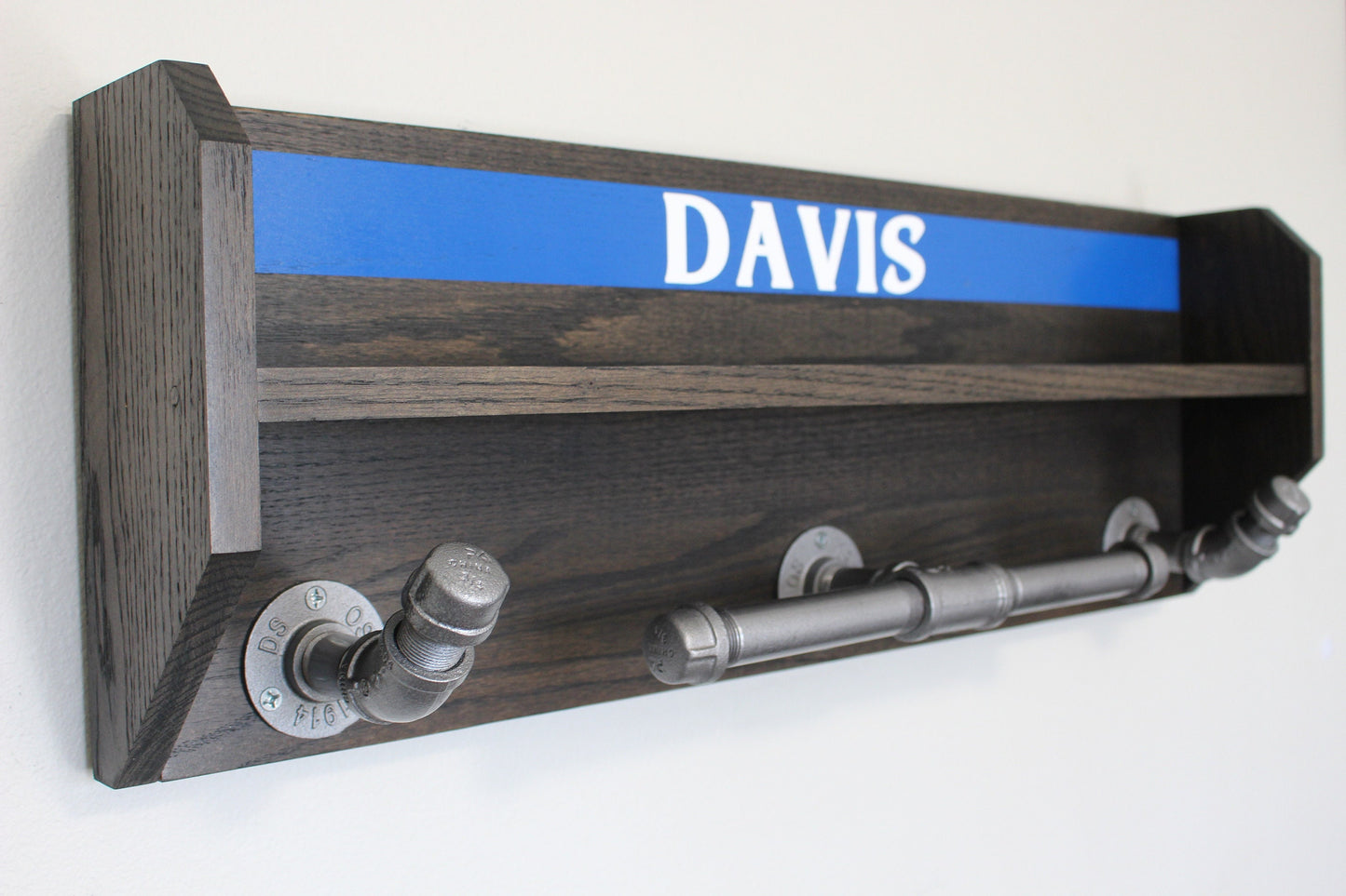 Large Oak Wall Mounted Police Duty and Tactical Gear Rack Thin Blue Line