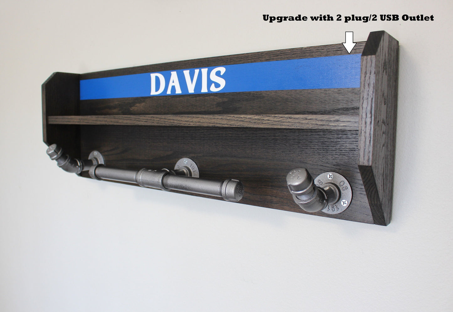 Large Oak Wall Mounted Police Duty and Tactical Gear Rack Thin Blue Line