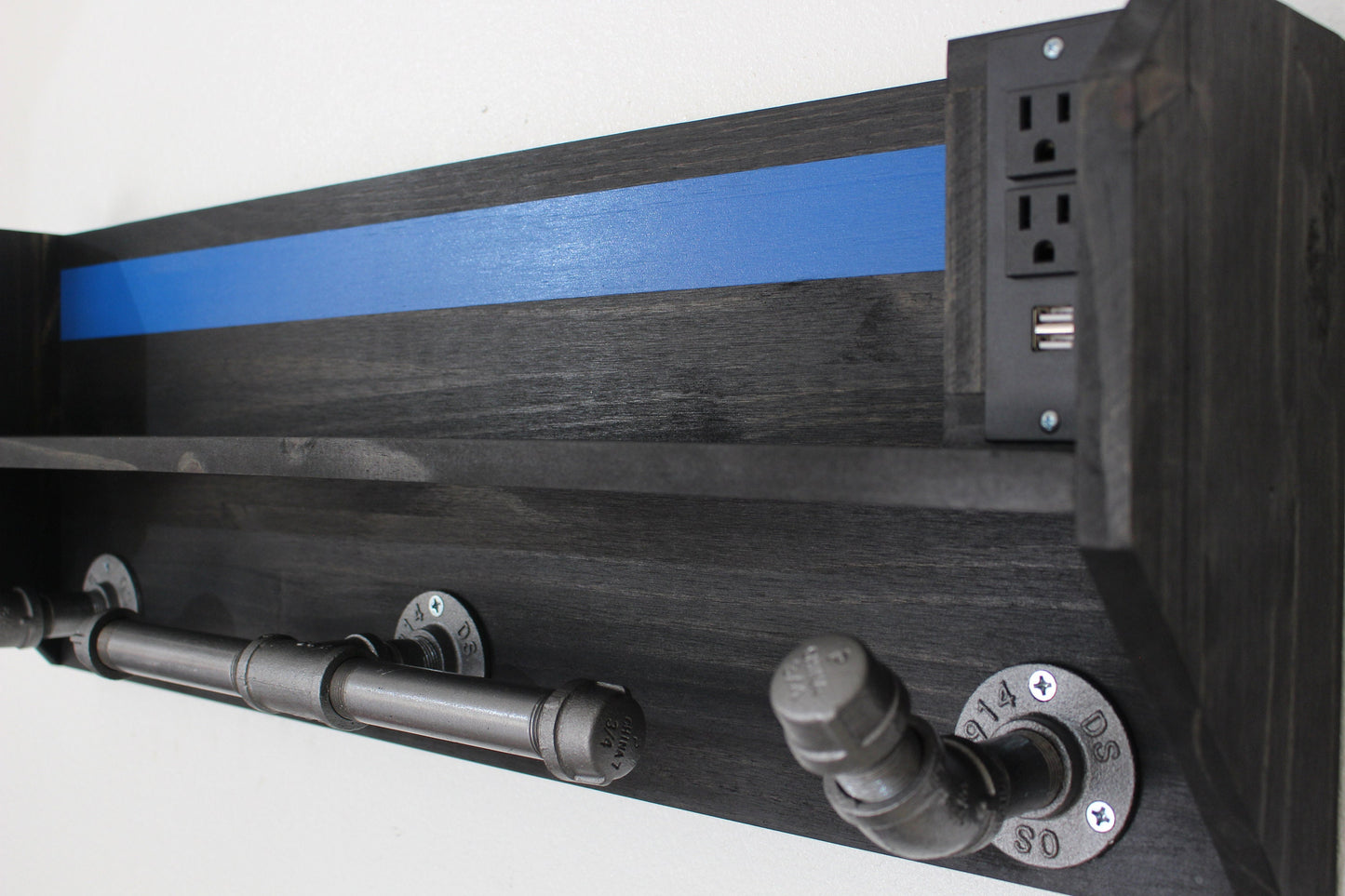 Large Duty and Tactical Gear Rack Thin Blue Line Double Belt Hanger with USB/120v Power Strip