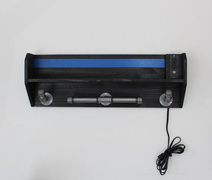 Large Duty and Tactical Gear Rack Thin Blue Line Double Belt Hanger with USB/120v Power Strip