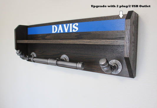 Large Oak Wall Mounted Police Duty and Tactical Gear Rack Thin Blue Line