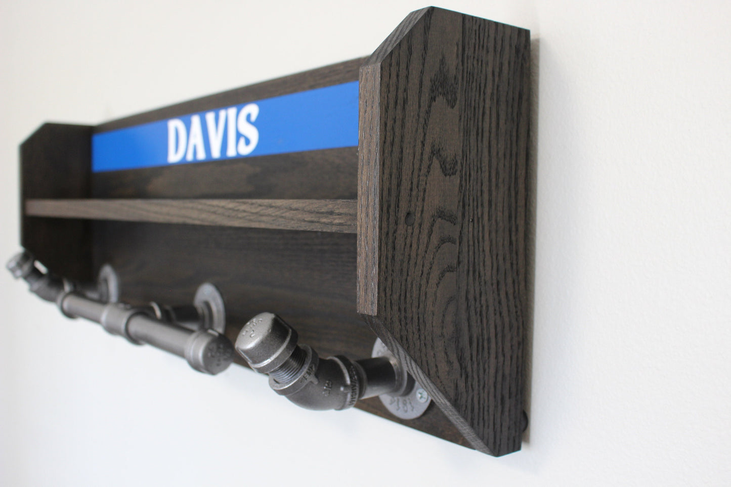 Large Oak Wall Mounted Police Duty and Tactical Gear Rack Thin Blue Line