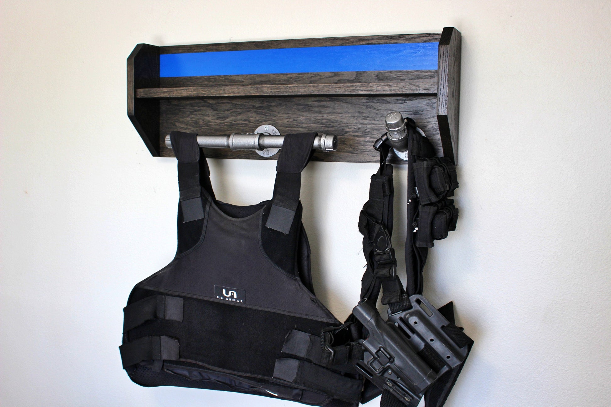 Wall Mounted Duty and Tactical Gear Rack Thin Blue Line – Minutemen Wood Design